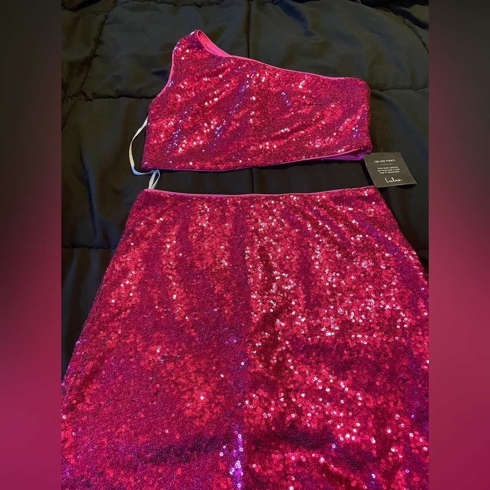 Lulu's Fuchsia Sequin One-Shoulder Two Piece Set